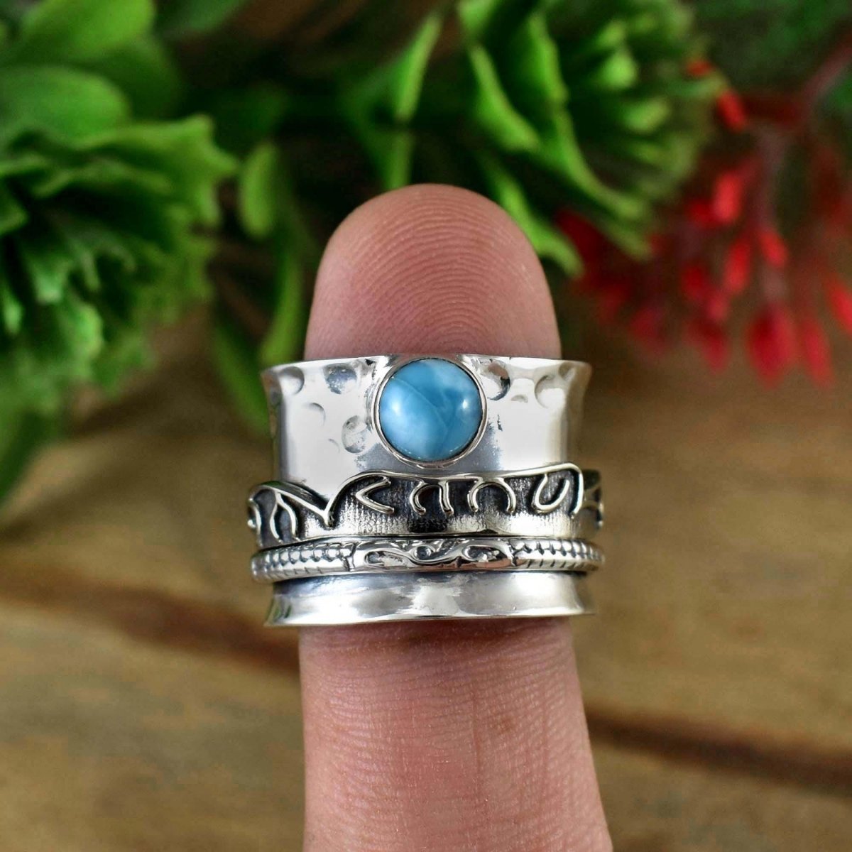 925 Silver Larimar Spinner Ring - Wide Fidget Hammered Band - BeadsBoatInc