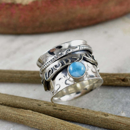 925 Silver Larimar Spinner Ring - Wide Fidget Hammered Band - BeadsBoatInc