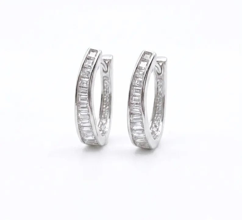 925 Sterling Silver Baguette Cubic Zircon Hoop Earrings - BeadsBoatInc