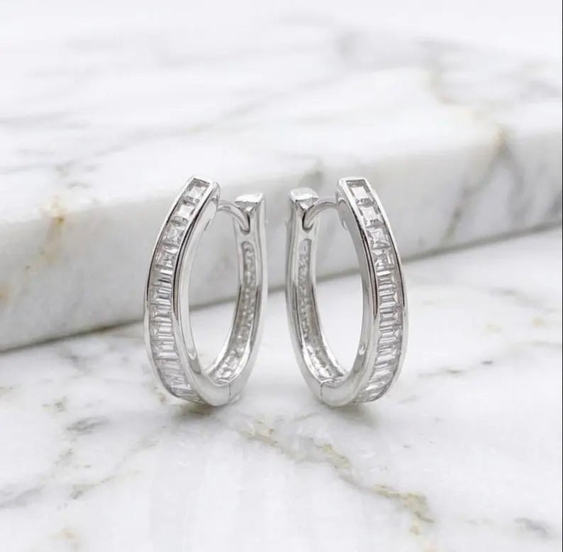 925 Sterling Silver Baguette Cubic Zircon Hoop Earrings - BeadsBoatInc