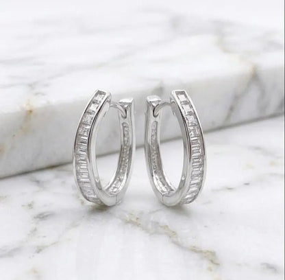 925 Sterling Silver Baguette Cubic Zircon Hoop Earrings - BeadsBoatInc