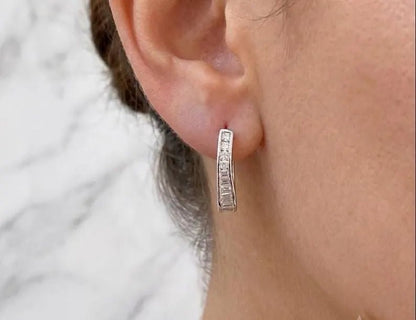 925 Sterling Silver Baguette Cubic Zirconia Hoop Earrings - BeadsBoatInc