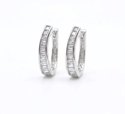 925 Sterling Silver Baguette Cubic Zirconia Hoop Earrings - BeadsBoatInc