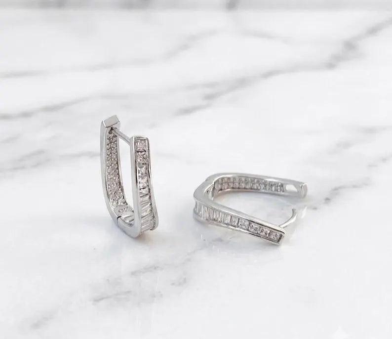 925 Sterling Silver Baguette Cubic Zirconia Hoop Earrings - BeadsBoatInc