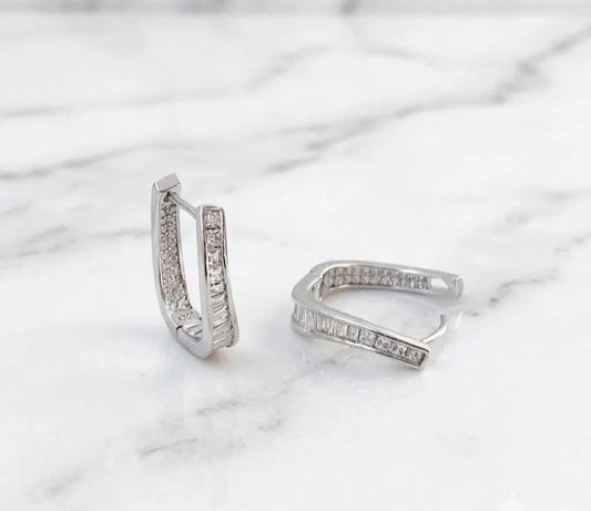 925 Sterling Silver Baguette Cubic Zirconia Hoop Earrings - BeadsBoatInc