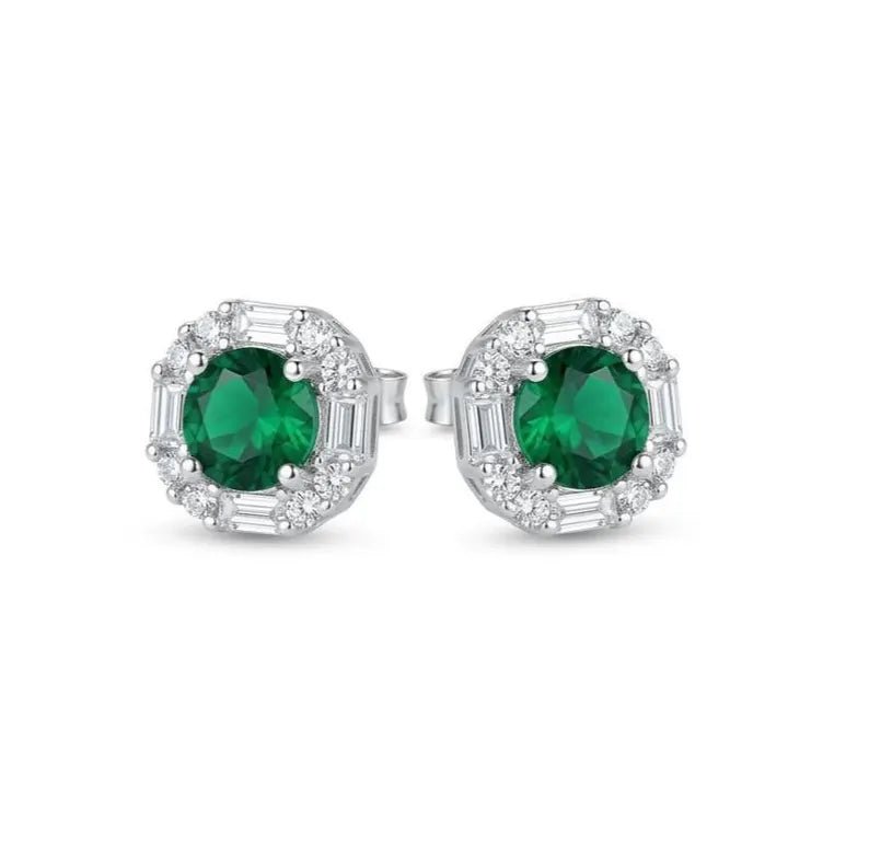 925 Sterling Silver Baguette & Round Cubic Zirconia Halo Earrings - BeadsBoatInc