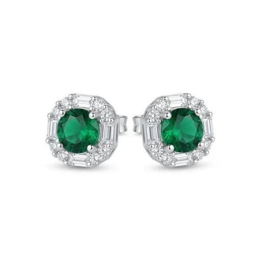 925 Sterling Silver Baguette & Round Cubic Zirconia Halo Earrings - BeadsBoatInc