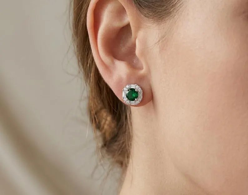 925 Sterling Silver Baguette & Round Cubic Zirconia Halo Earrings - BeadsBoatInc