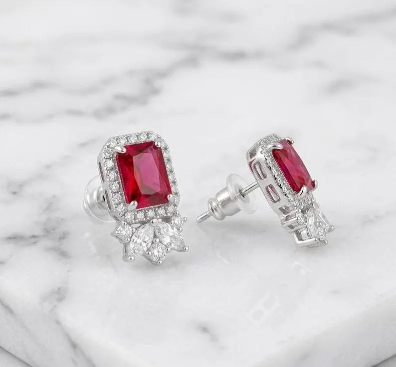 925 Sterling Silver Baguette & Round Cubic Zirconia Halo Stud Earrings - BeadsBoatInc