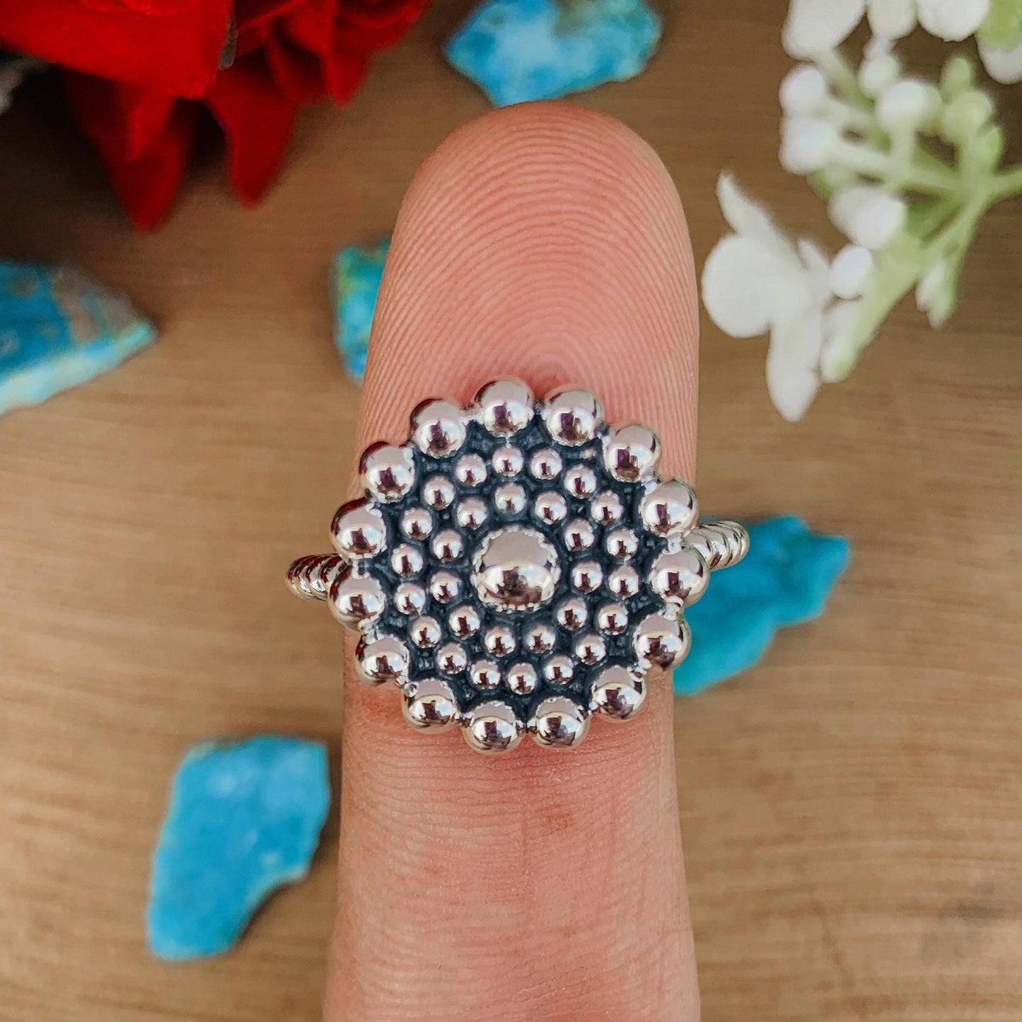 925 Sterling Silver Beaded Floral Statement Ring, Gift for Her - BeadsBoatInc