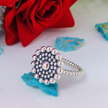 925 Sterling Silver Beaded Floral Statement Ring, Gift for Her - BeadsBoatInc