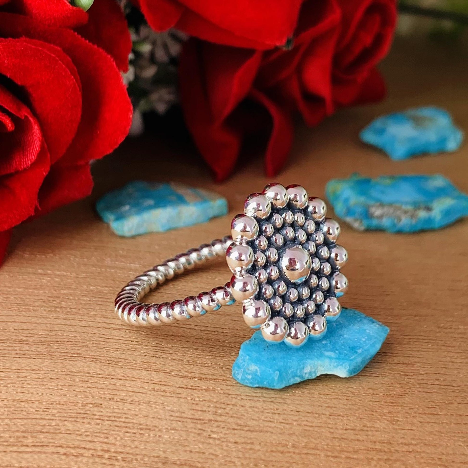 925 Sterling Silver Beaded Floral Statement Ring, Gift for Her - BeadsBoatInc