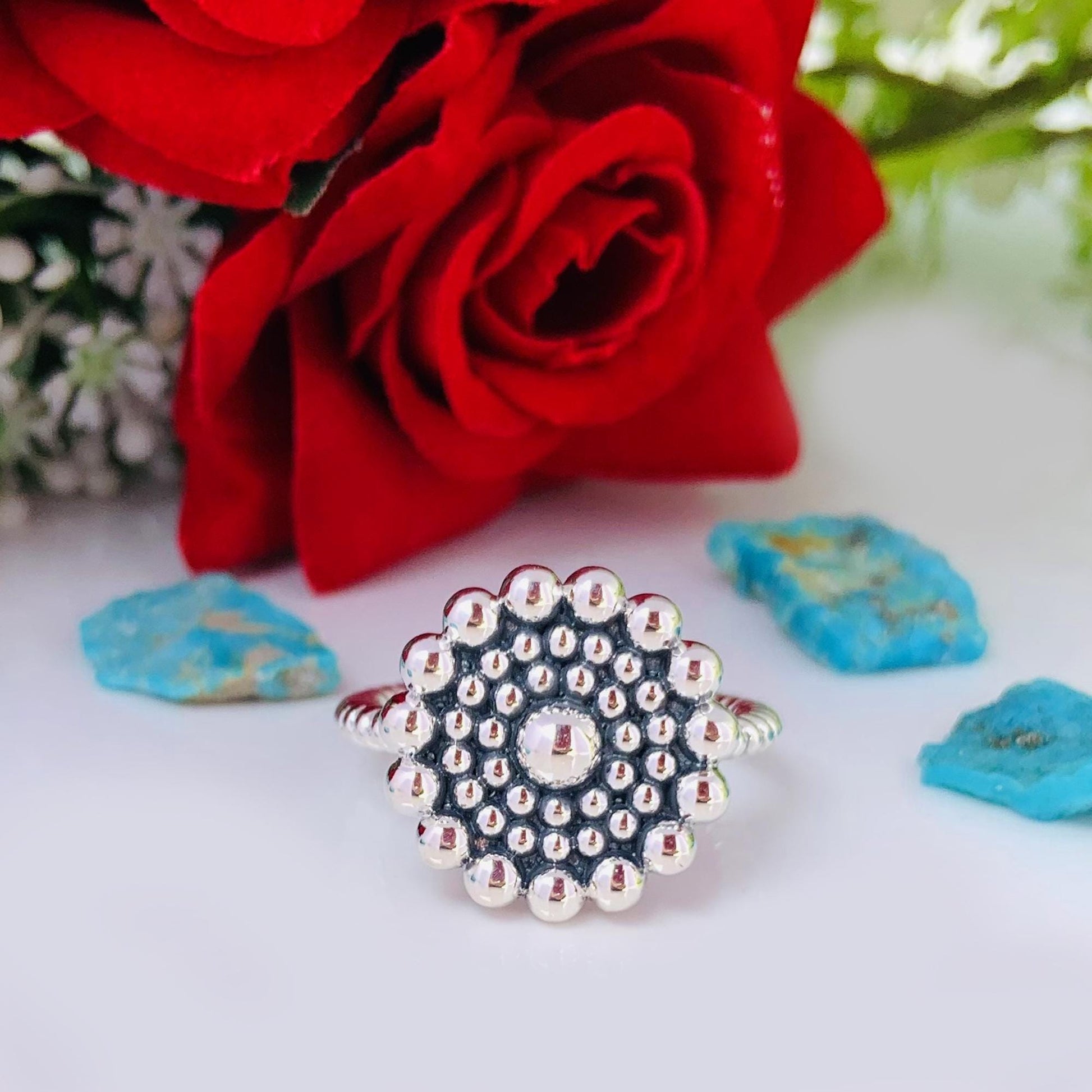 925 Sterling Silver Beaded Floral Statement Ring, Gift for Her - BeadsBoatInc