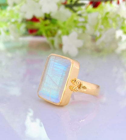 925 Sterling Silver Big Rainbow Moonstone Ring - Gold Plated - BeadsBoatInc
