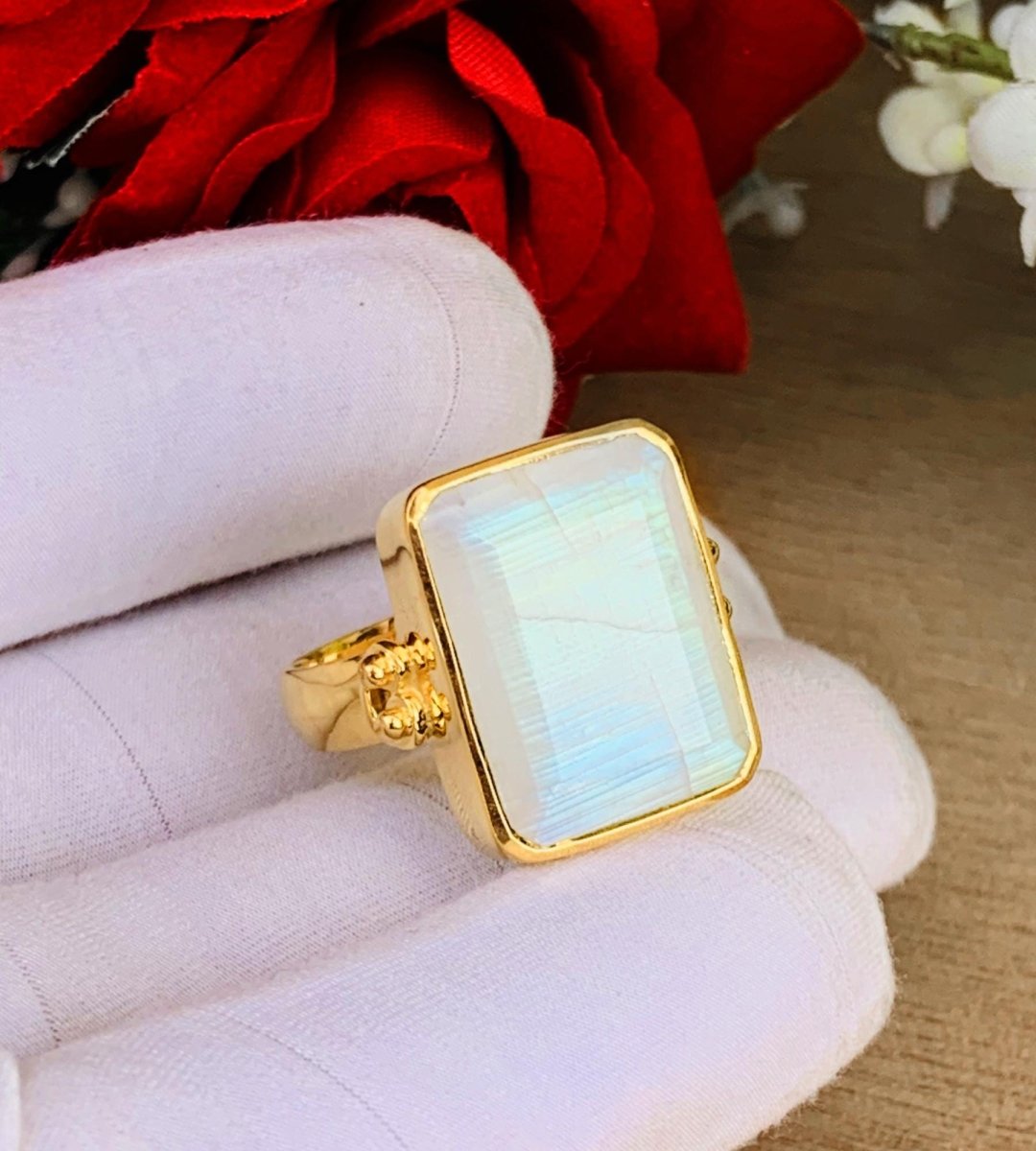 925 Sterling Silver Big Rainbow Moonstone Ring - Gold Plated - BeadsBoatInc