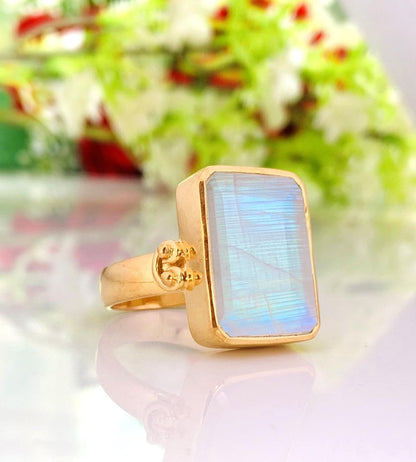 925 Sterling Silver Big Rainbow Moonstone Ring - Gold Plated - BeadsBoatInc