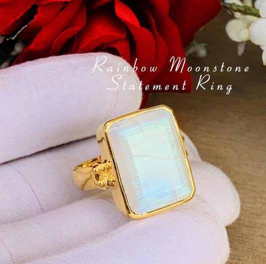 925 Sterling Silver Big Rainbow Moonstone Ring - Gold Plated - BeadsBoatInc
