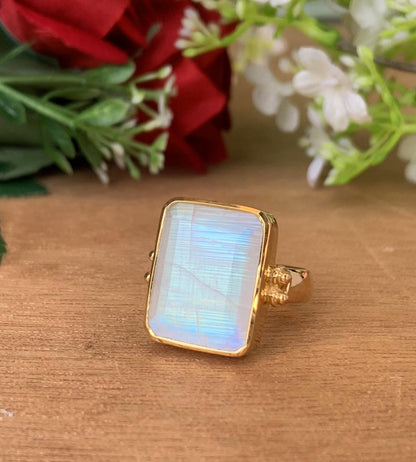 925 Sterling Silver Big Rainbow Moonstone Ring - Gold Plated - BeadsBoatInc