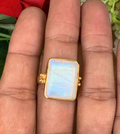 925 Sterling Silver Big Rainbow Moonstone Ring - Gold Plated - BeadsBoatInc