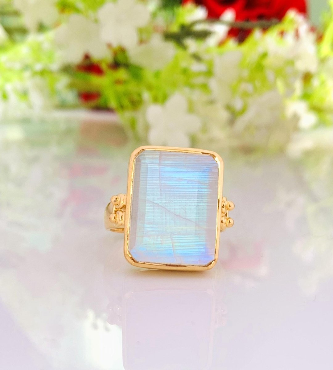 925 Sterling Silver Big Rainbow Moonstone Ring - Gold Plated - BeadsBoatInc