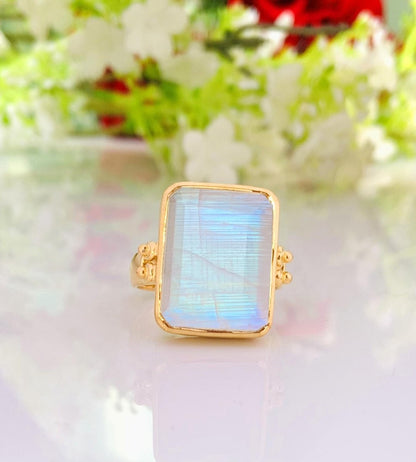 925 Sterling Silver Big Rainbow Moonstone Ring - Gold Plated - BeadsBoatInc