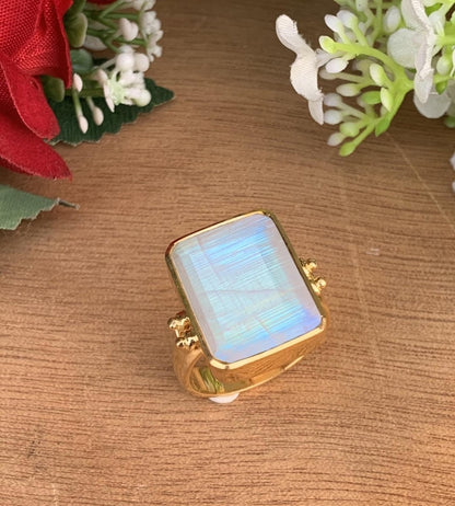 925 Sterling Silver Big Rainbow Moonstone Ring - Gold Plated - BeadsBoatInc