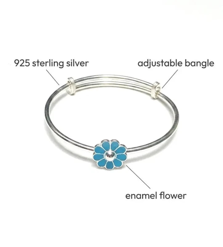925 Sterling Silver Blue Enamel Flower Adjustable Kids Bangle Bracelet - BeadsBoatInc