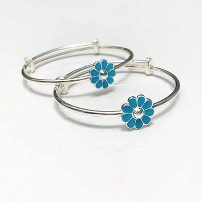 925 Sterling Silver Blue Enamel Flower Adjustable Kids Bangle Bracelet - BeadsBoatInc