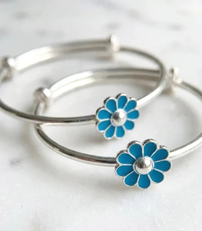 925 Sterling Silver Blue Enamel Flower Adjustable Kids Bangle Bracelet - BeadsBoatInc