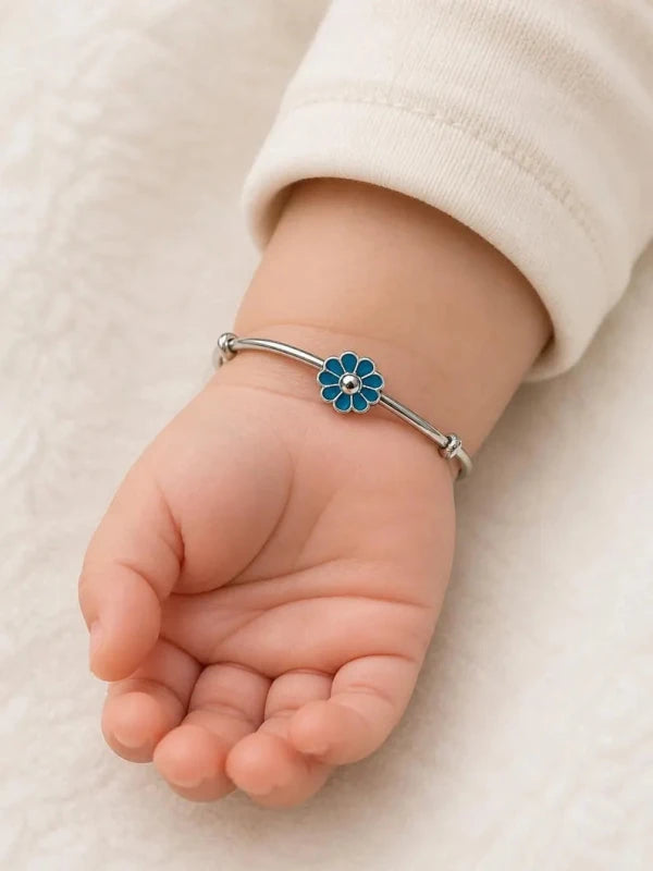 925 Sterling Silver Blue Enamel Flower Adjustable Kids Bangle Bracelet - BeadsBoatInc