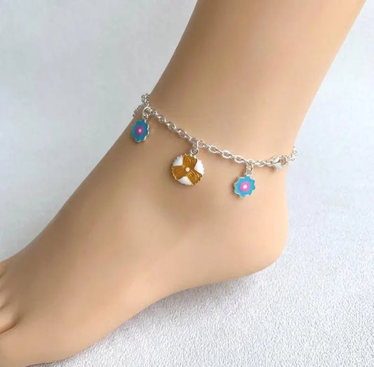 925 Sterling Silver Blue Enamel Flower Charm Anklet for Kids - BeadsBoatInc