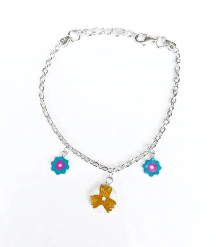 925 Sterling Silver Blue Enamel Flower Charm Anklet for Kids - BeadsBoatInc