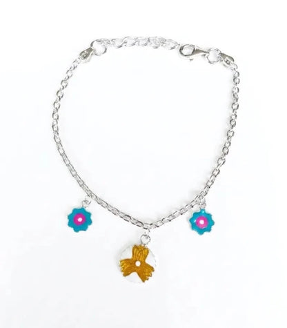 925 Sterling Silver Blue Enamel Flower Charm Anklet for Kids - BeadsBoatInc