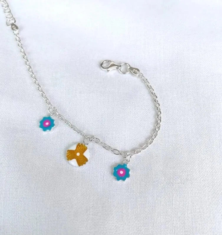 925 Sterling Silver Blue Enamel Flower Charm Anklet for Kids - BeadsBoatInc