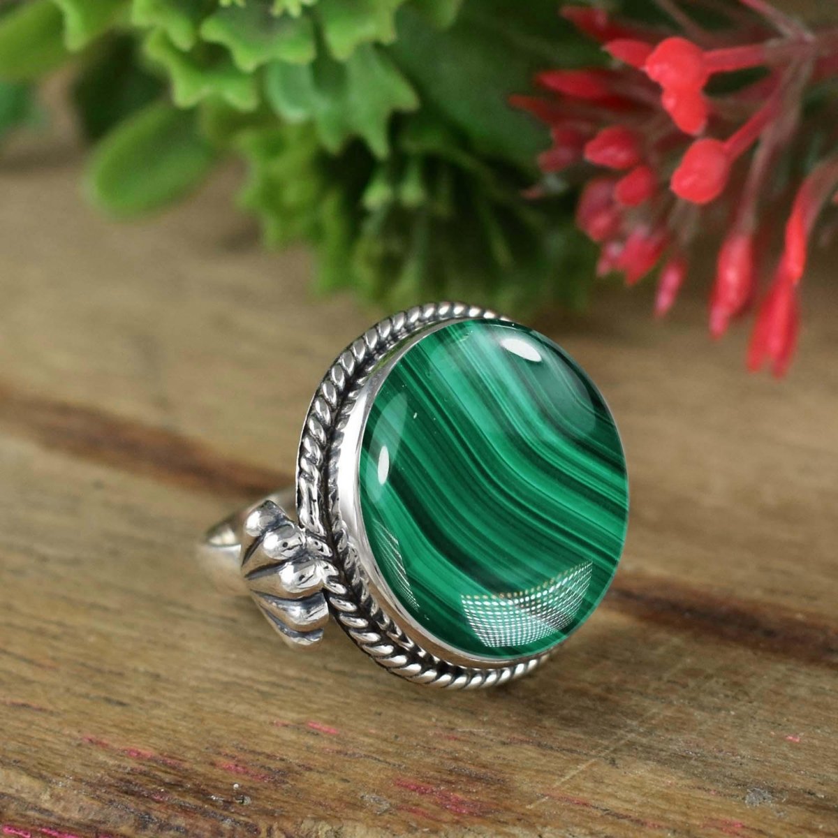 925 Sterling Silver Bohemian Round Malachite Statement Ring - BeadsBoatInc