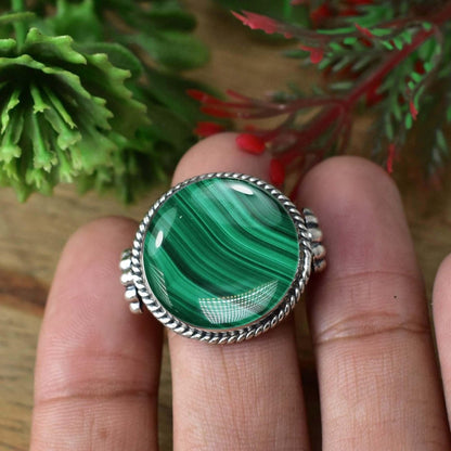 925 Sterling Silver Bohemian Round Malachite Statement Ring - BeadsBoatInc