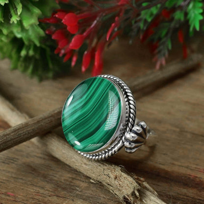 925 Sterling Silver Bohemian Round Malachite Statement Ring - BeadsBoatInc
