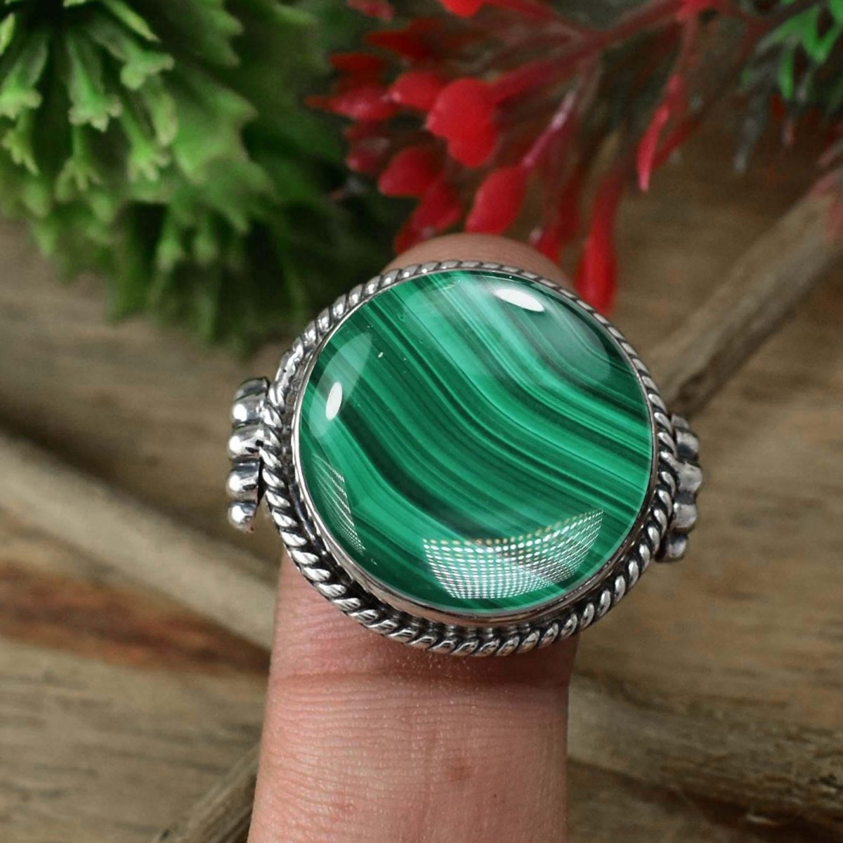 925 Sterling Silver Bohemian Round Malachite Statement Ring - BeadsBoatInc