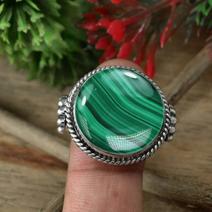 925 Sterling Silver Bohemian Round Malachite Statement Ring - BeadsBoatInc