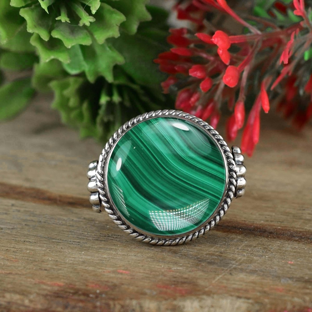925 Sterling Silver Bohemian Round Malachite Statement Ring - BeadsBoatInc