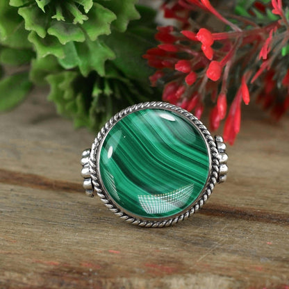 925 Sterling Silver Bohemian Round Malachite Statement Ring - BeadsBoatInc