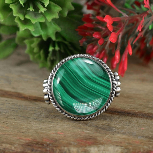 925 Sterling Silver Bohemian Round Malachite Statement Ring - BeadsBoatInc