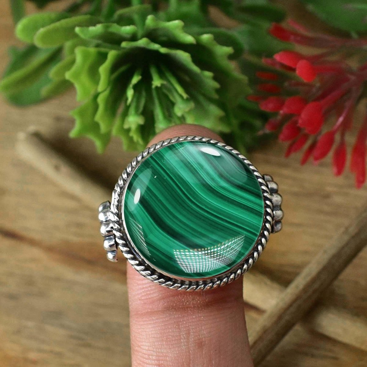 925 Sterling Silver Bohemian Round Malachite Statement Ring - BeadsBoatInc