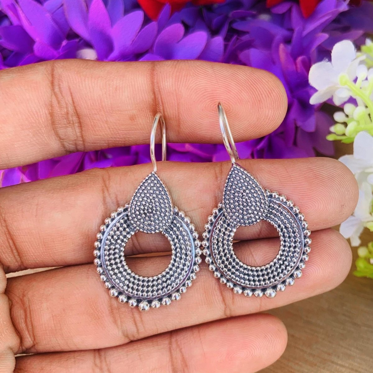 925 Sterling Silver Chakra Dangle Earrings - Vintage Boho Jewelry - BeadsBoatInc