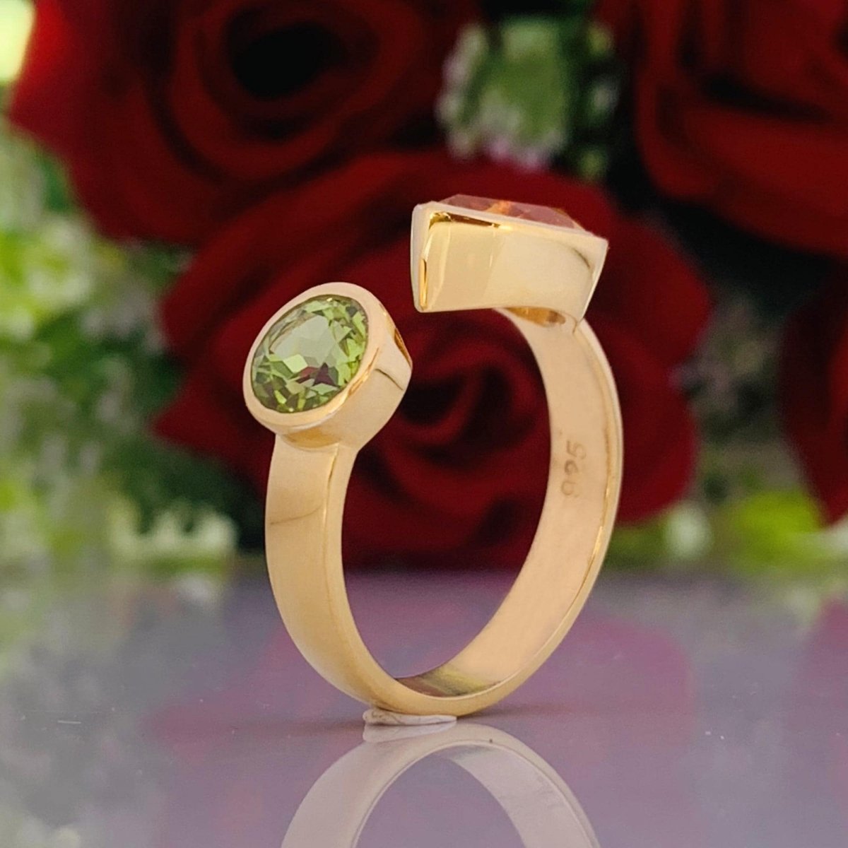 925 Sterling Silver Citrine & Peridot Gold Plated Adjustable Ring - BeadsBoatInc