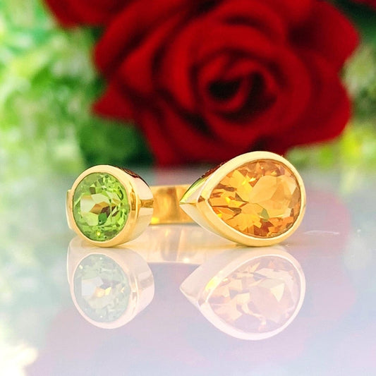 925 Sterling Silver Citrine & Peridot Gold Plated Adjustable Ring - BeadsBoatInc