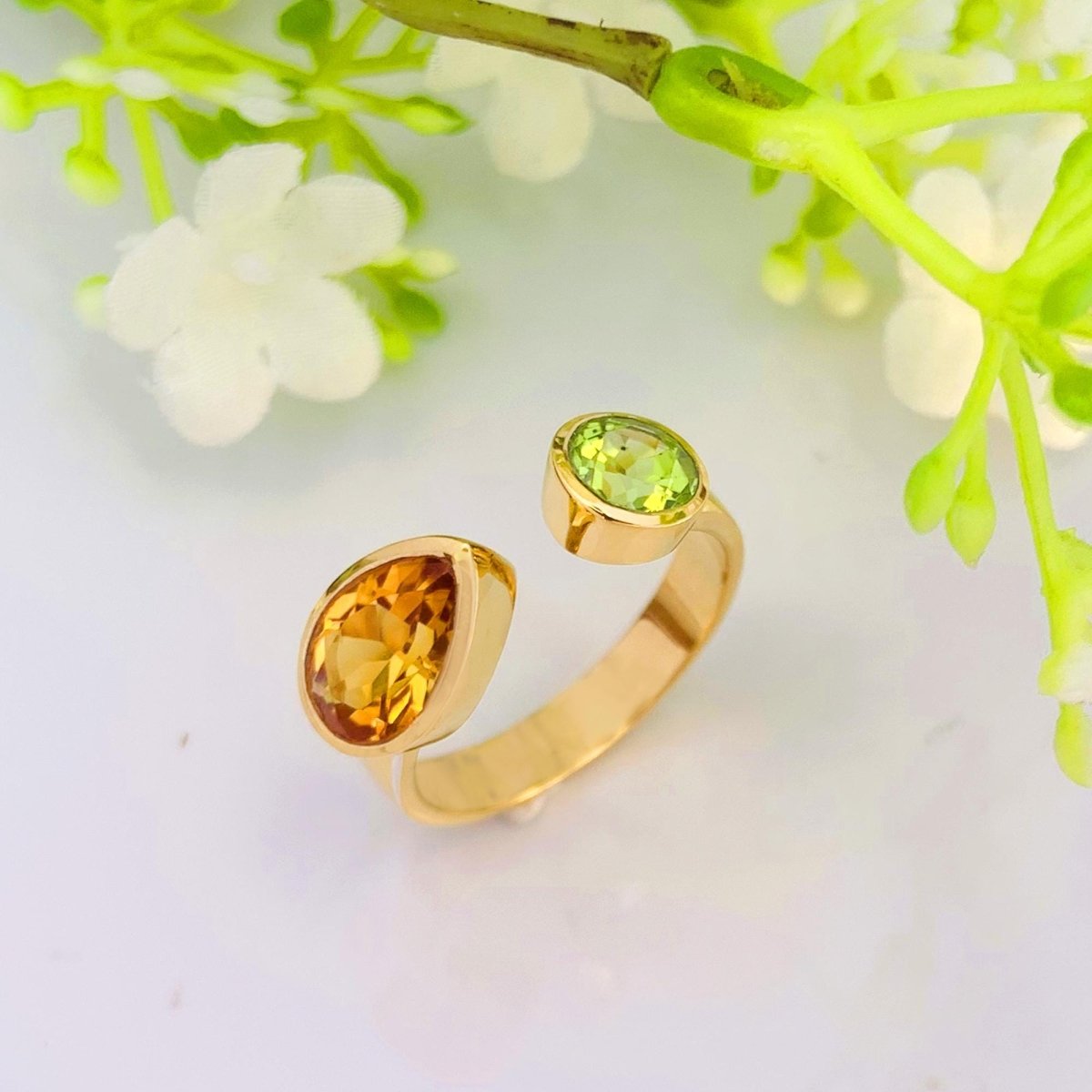 925 Sterling Silver Citrine & Peridot Gold Plated Adjustable Ring - BeadsBoatInc