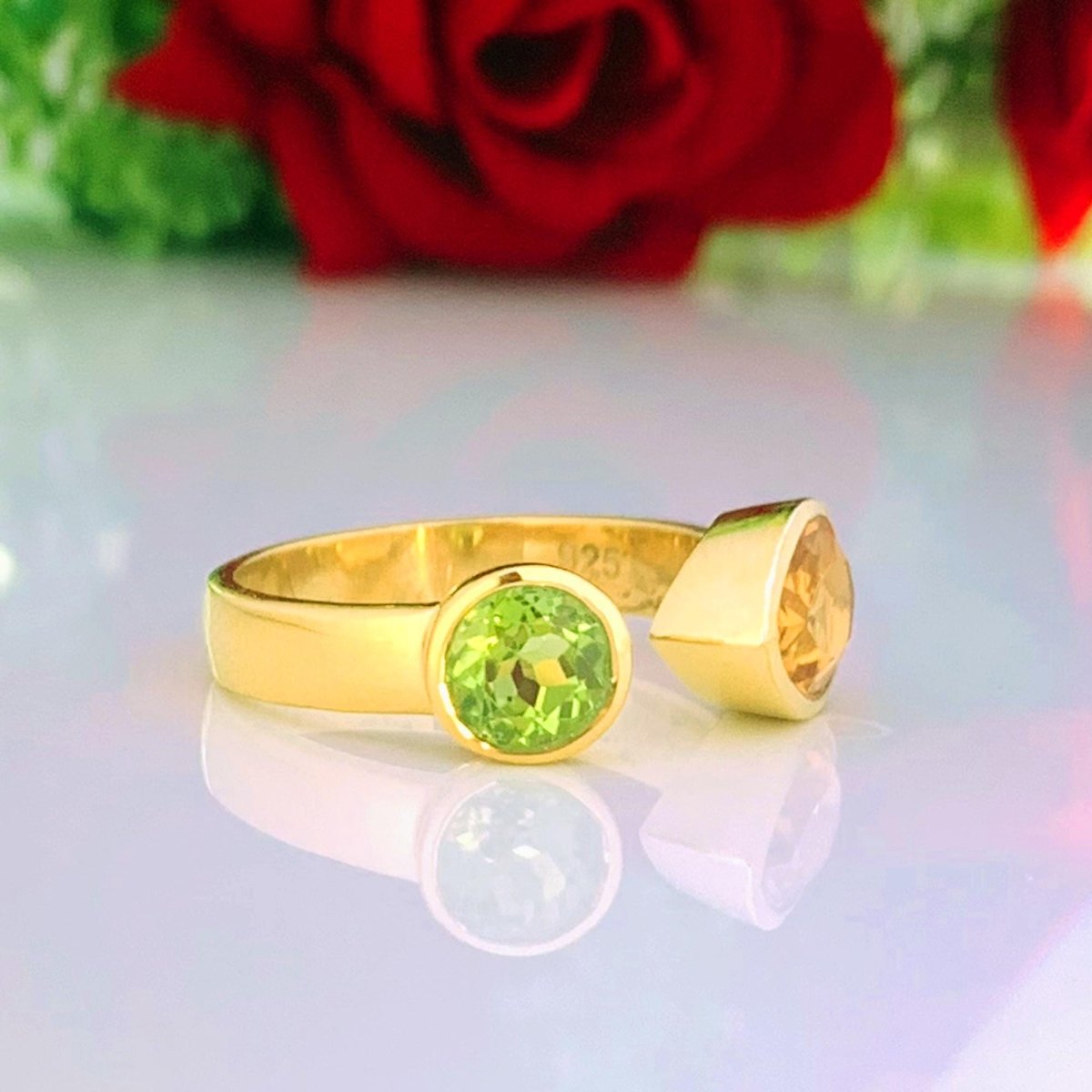925 Sterling Silver Citrine & Peridot Gold Plated Adjustable Ring - BeadsBoatInc