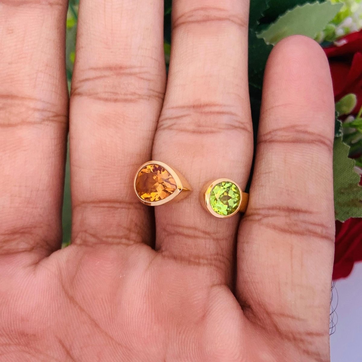 925 Sterling Silver Citrine & Peridot Gold Plated Adjustable Ring - BeadsBoatInc