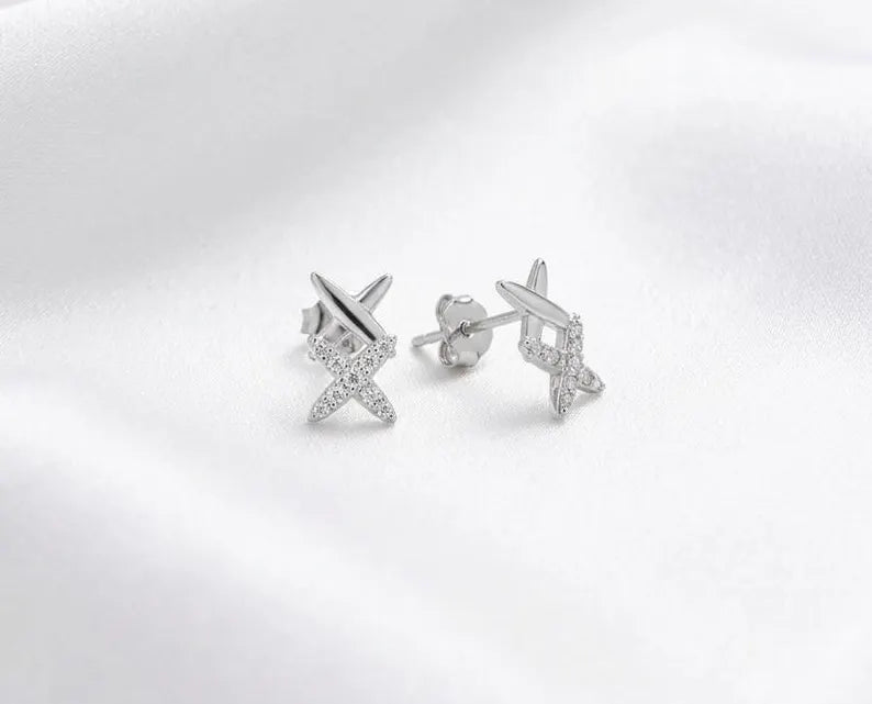 925 Sterling Silver Cubic Zircon X Shape Stud Earrings - BeadsBoatInc